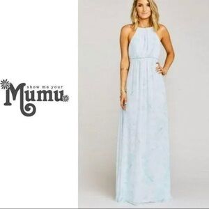 Show me your Mumu halter floral Maxi dress SMALL baby blue bridesmaid sleeveless